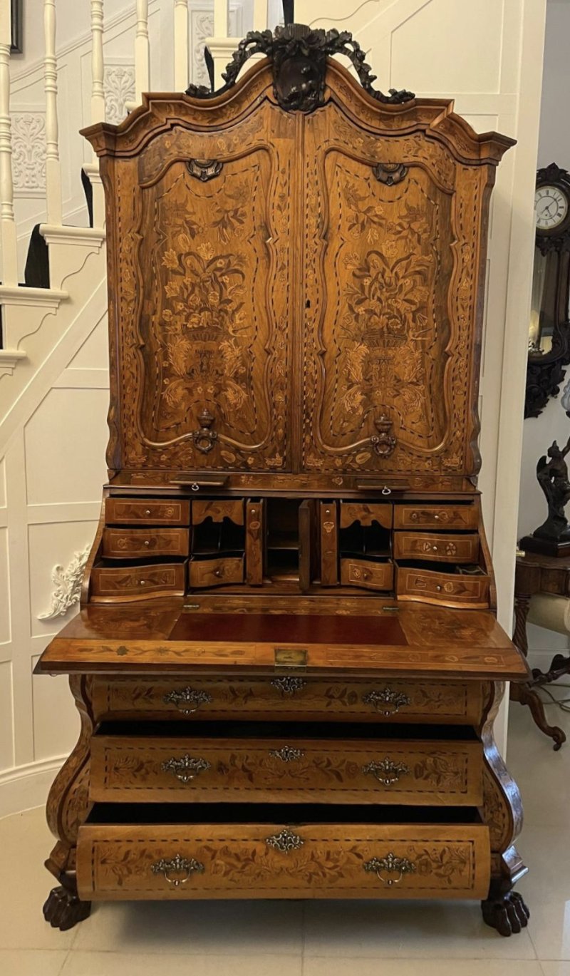 Outstanding Quality 18th Century Antique Dutch Marquetry Inlaid Burr Walnut Bureau Bookcase - Image 15